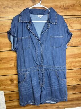 Belinda Women's Button Down Denim Short Romper Drawstring Waist Size Large